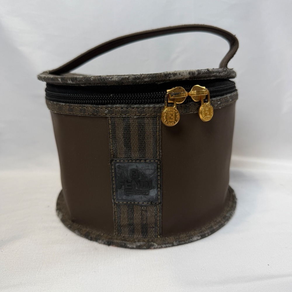 Fendi Vintage Cosmetic Bag Women OS Brown Pequin Stripe Vanity Case Travel Pouch